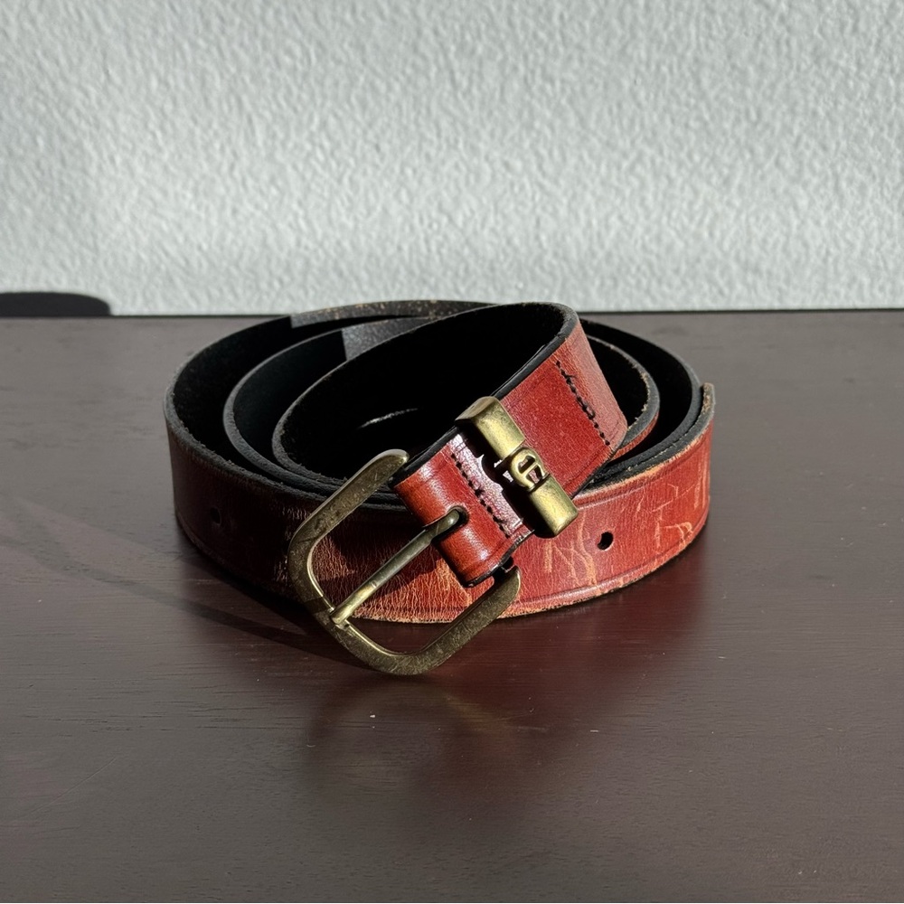 VTG Etienne Aigner Men’s Full Grain Leather Belt Brown Brass Buckle USA Size 44